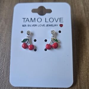 925 Sterling Silver Red Enamel Cherry Dangle Earrings Studs